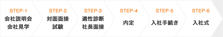 step1.書類選考（履歴書）→step2.WEB面接（無理な場合はSTEP3へ）→step3.対面面接→step4.適正診断→step5.内定→step6.入社手続き